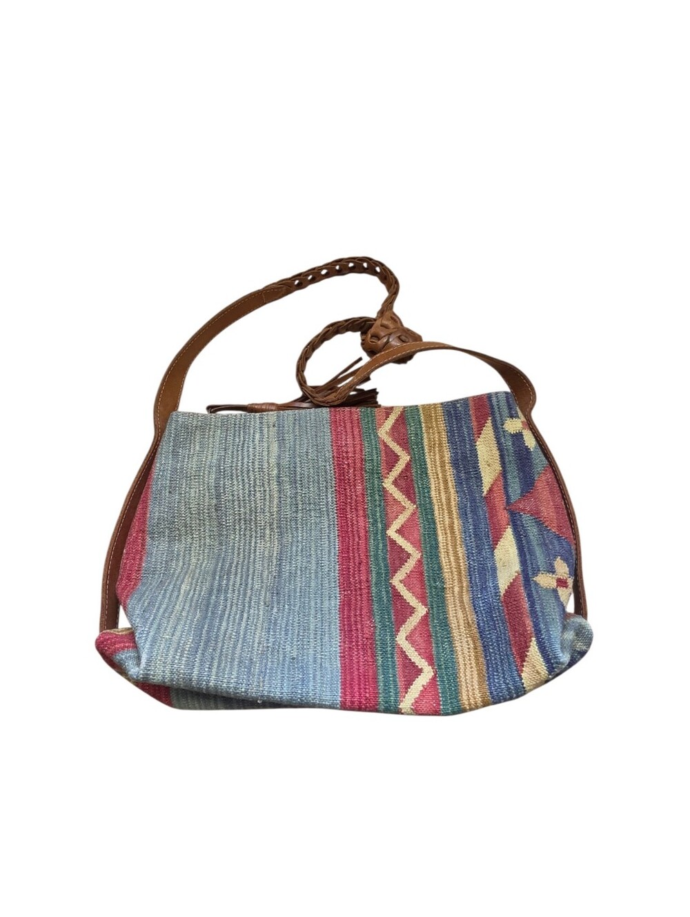 Vintage Woven Fabric & Leather Bag Southwest Aztec Western Country Boho